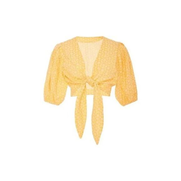 Lisa Marie Fernandez Pouf Eyelet Yellow Tie-Waist Cotton Blouse 2 - Picture 1 of 11